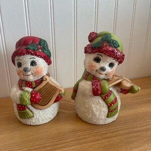 Vintage Ceramic/Porcelain Textured Snowmen Figurines With Brass Instruments (2)